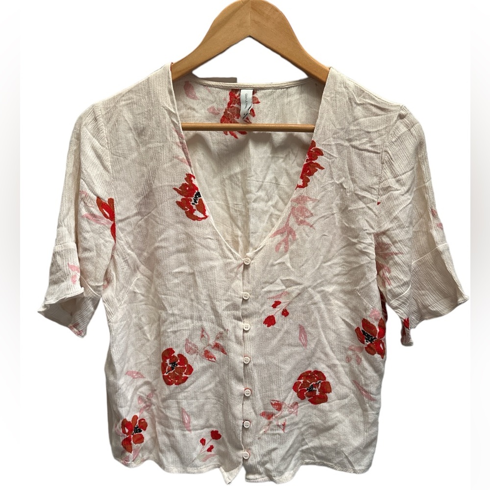 Gentle Fawn Cream Blouse with Red Floral Print